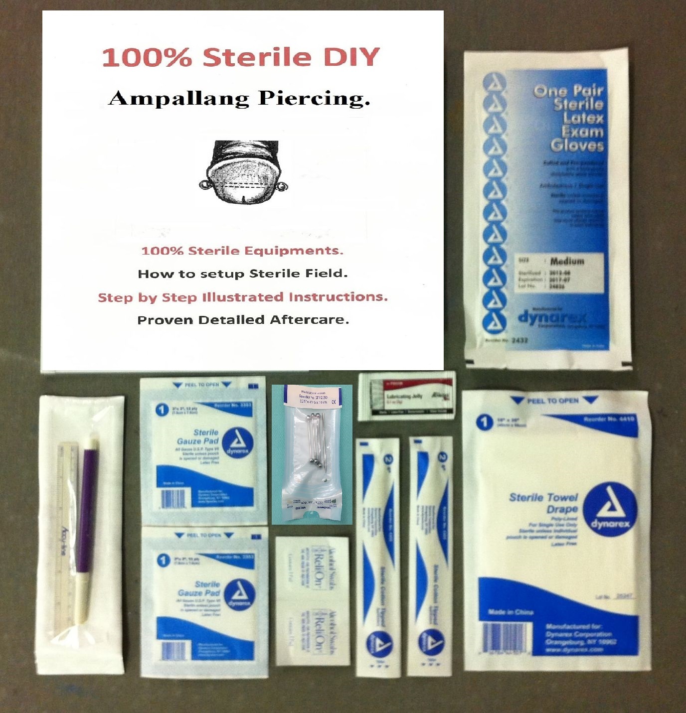 DIY Easy Safe & STERILE AMPALLANG Piercing Kit with 3 Size Barbells & Guide.