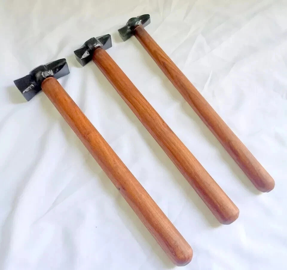 Set of 3 Black Iron Hammers - Blacksmith Wooden Handle, Collectible Tools