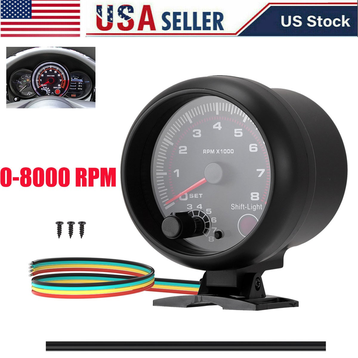 12V 3.75" Universal Car Tachometer Gauge Meter with LED Shift Light 0-8000RPM