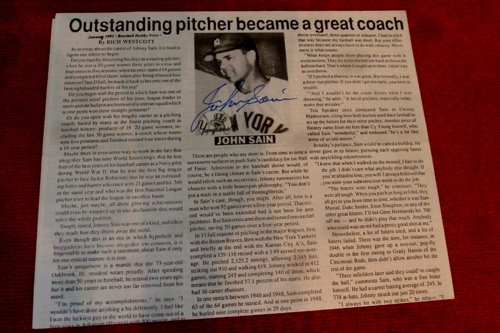 JOHNNY SAIN Signed Newspaper Article/ Yankees Photo