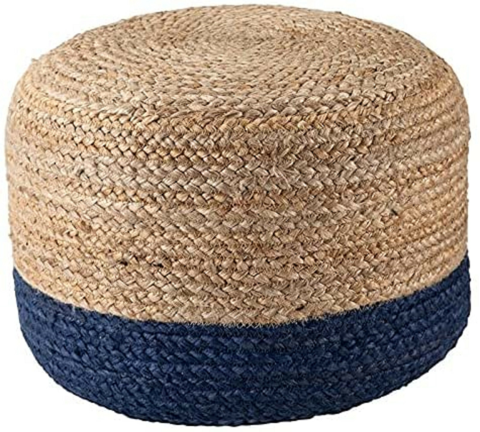 Pouf Jute Handmade Natural Braided 18"x18"x12" Beige & Blue round cushions Cover