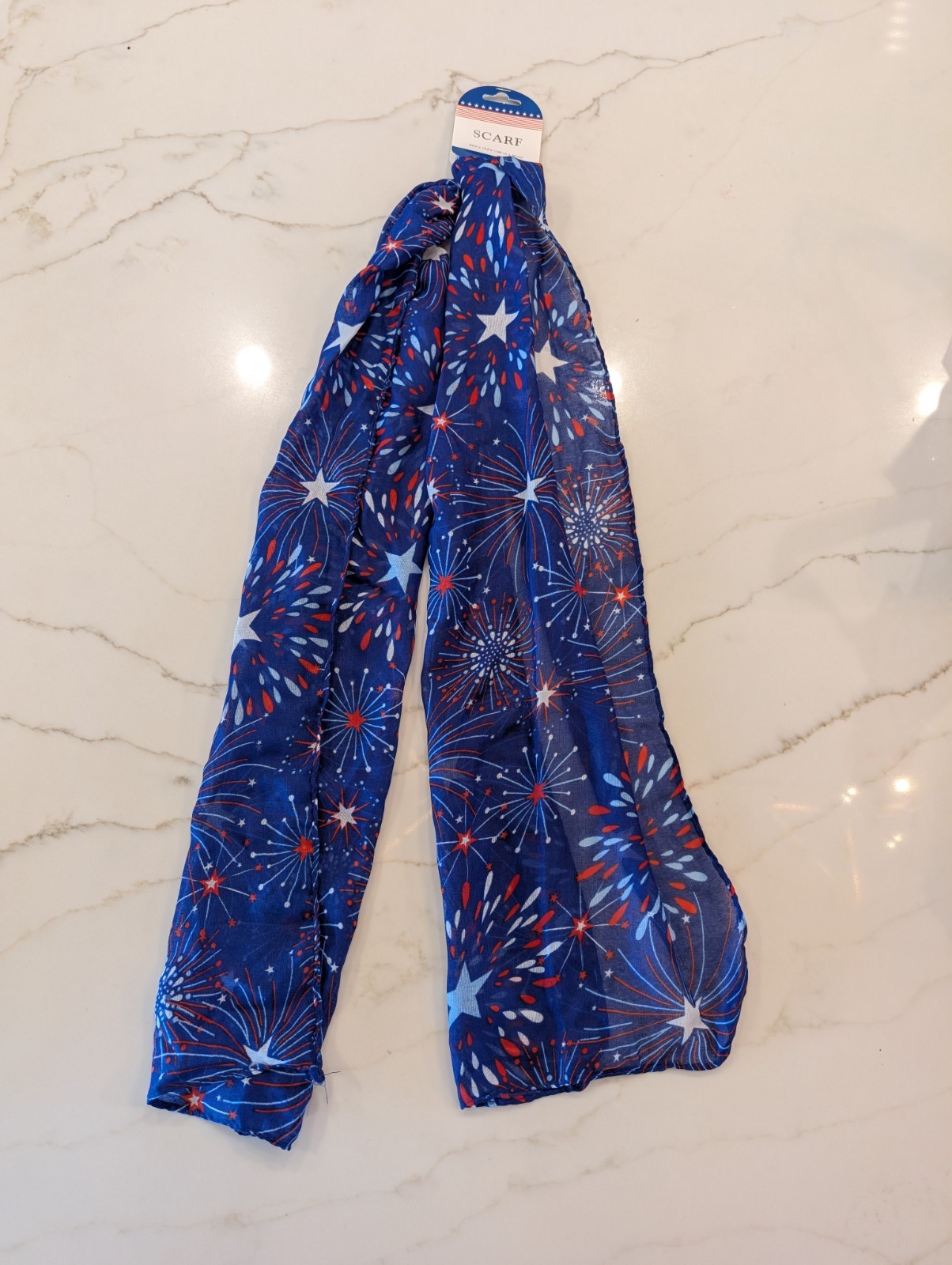 NWT Patriotic Scarf Red/White/Blue - 4th of July Fireworks Stars - 63"x13.8"