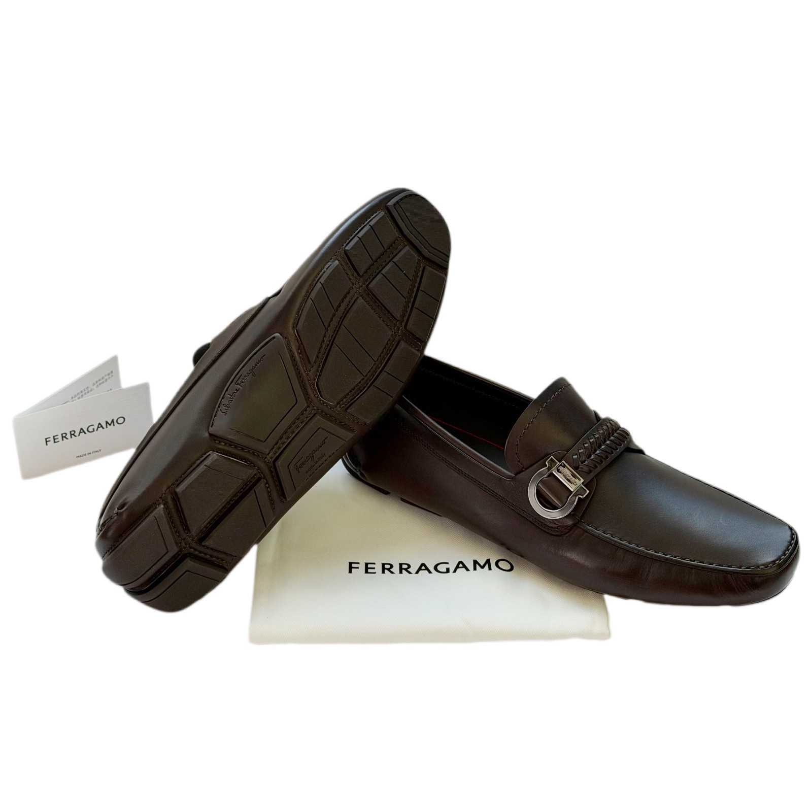 Ferragamo Loafers Calipso Gancini Dark Brown Leather Men's Driver Dress Moccasin