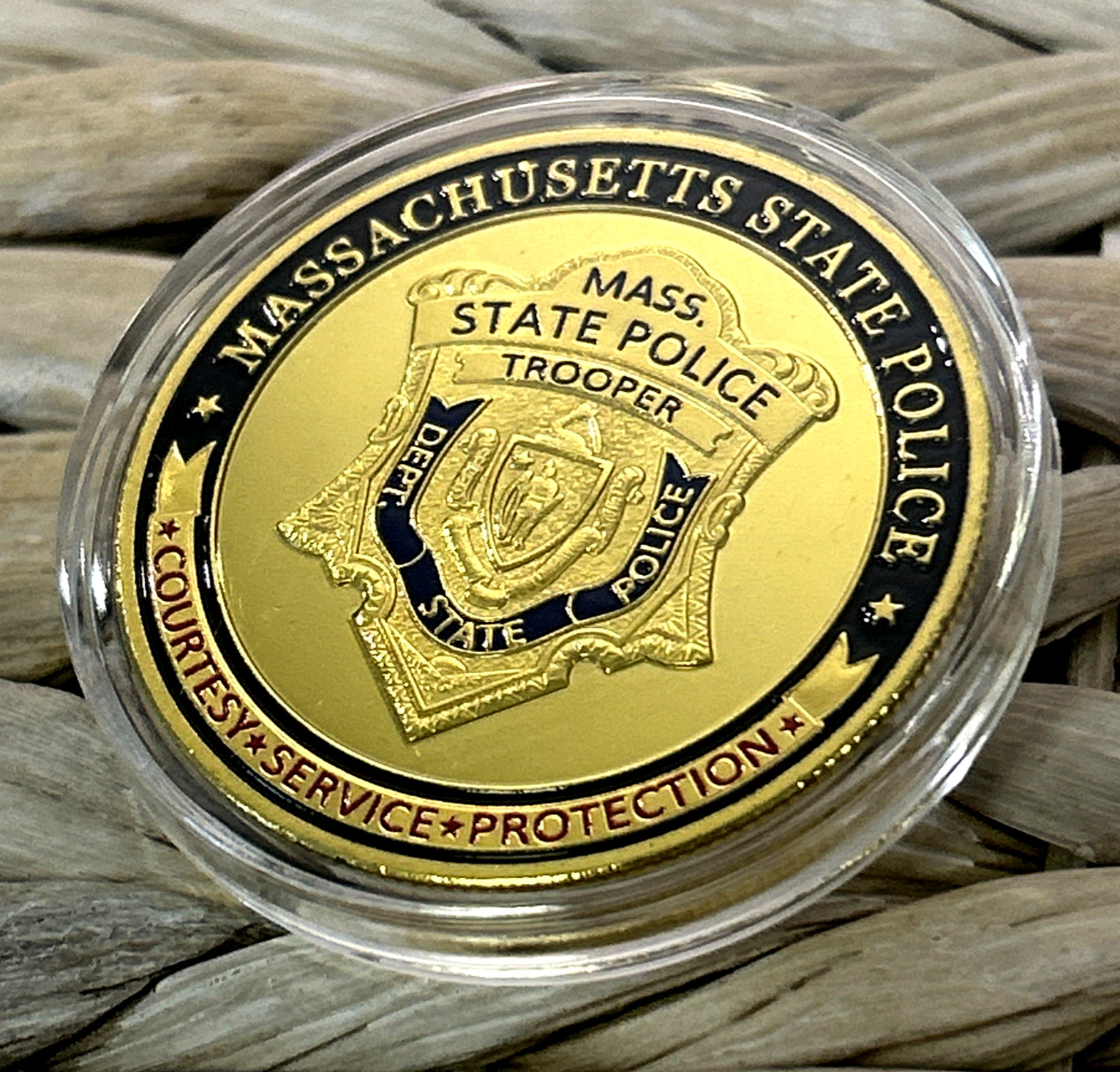 Massachusetts State Police Trooper Challenge Coin St. Michael Gold Tone