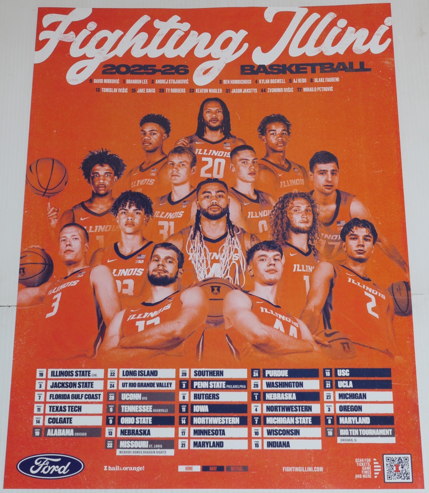 Official Illinois Fighting Illini 2025/2026 basketball poster Boswell Ivisic Mir