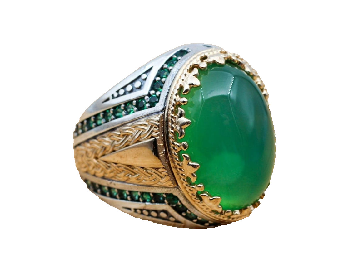 Men’s 925 Sterling Silver Green Stone Ring Vintage Gold Detail Statement Jewelry