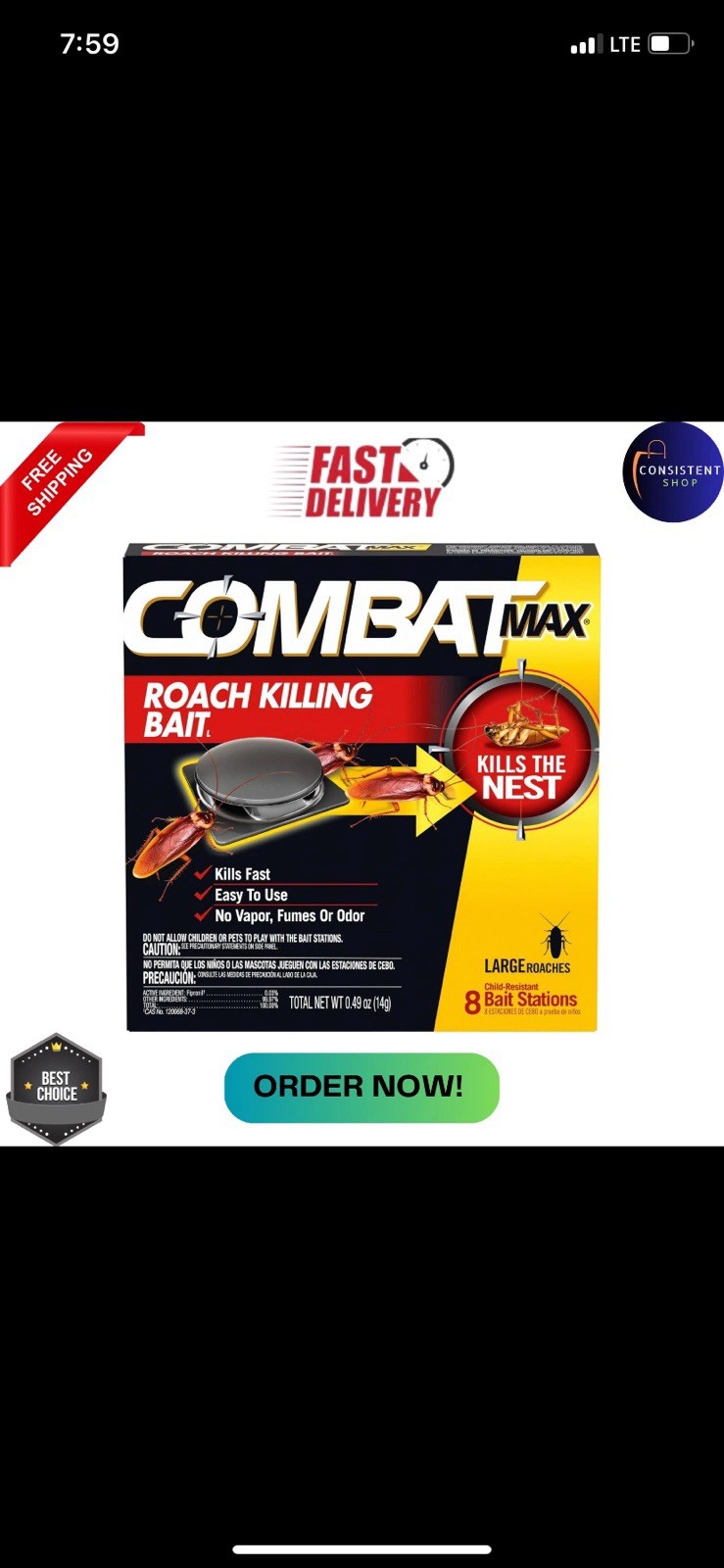 Combat Max Large Roach Killing Bait, 8 count (Pack of 3)