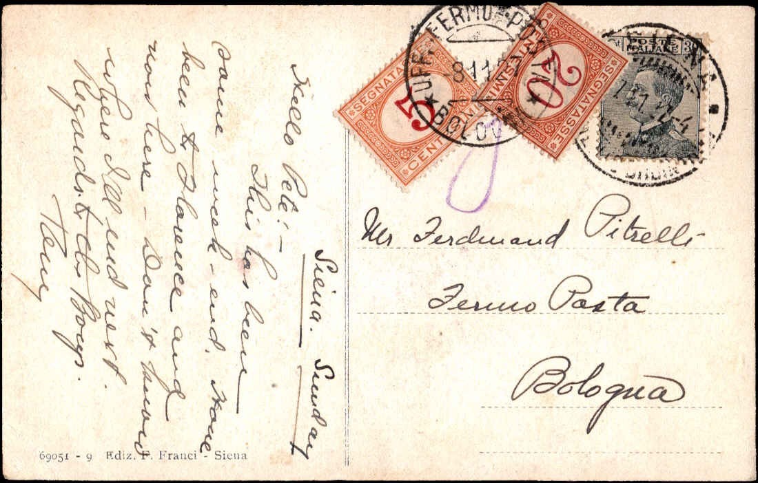 Italy SIENA Postcard to Bologna 20c Segnatasse Postage Due