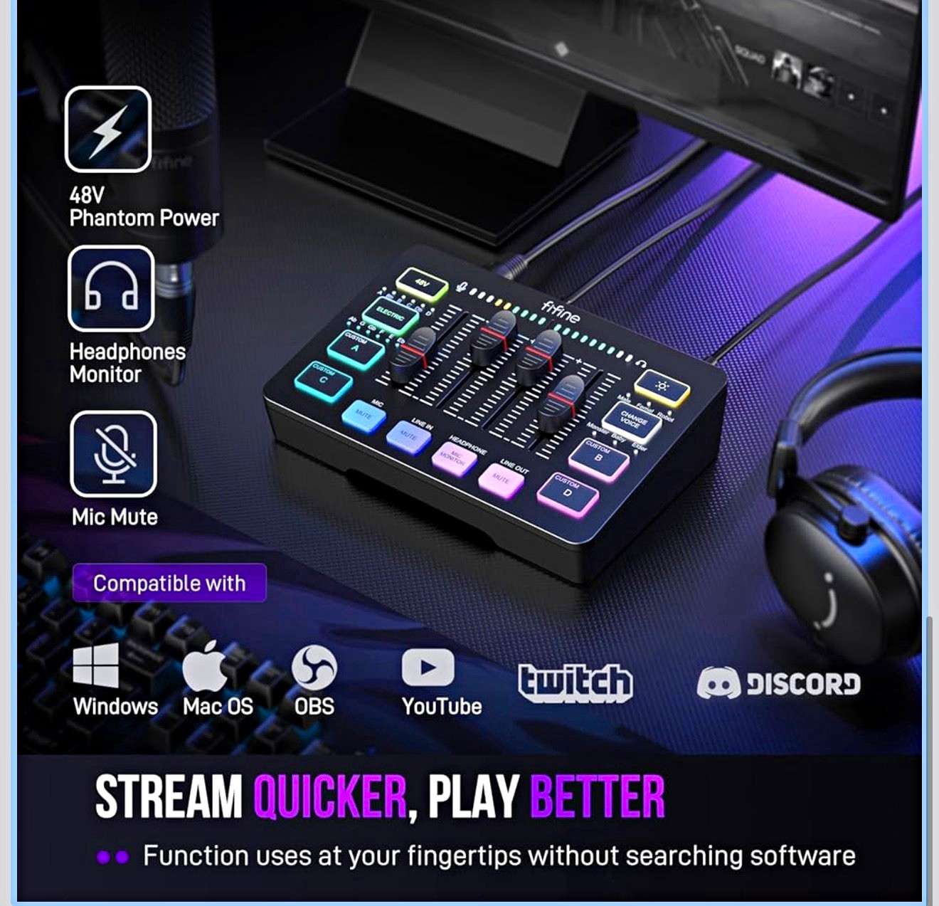 FIFINE AmpliGame SC3 Audio Interface 4-Channel USB-C 48V Phantom Power
