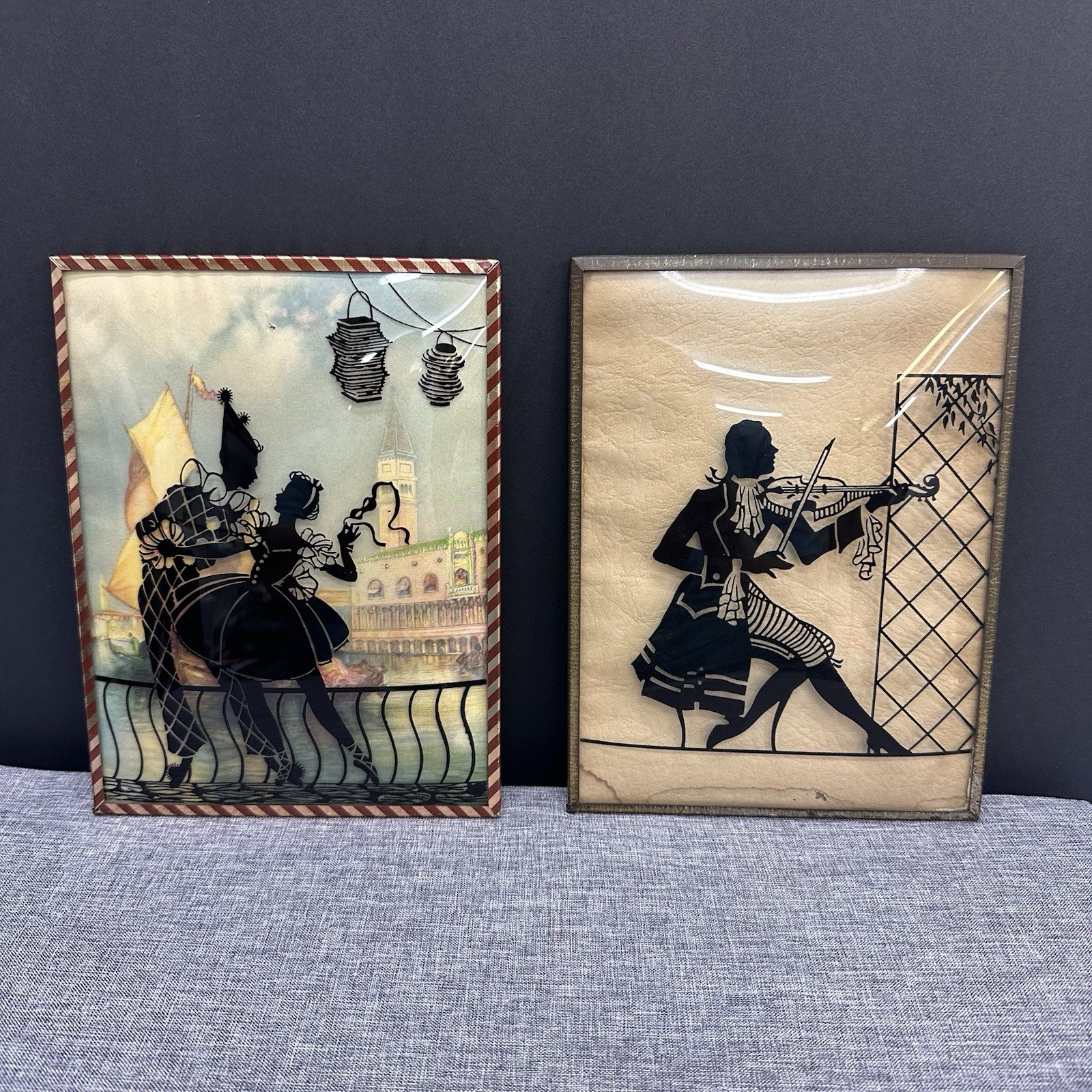Vintage Mid Century Silhouette Style Bubble Glass Picture Violinist Dancers