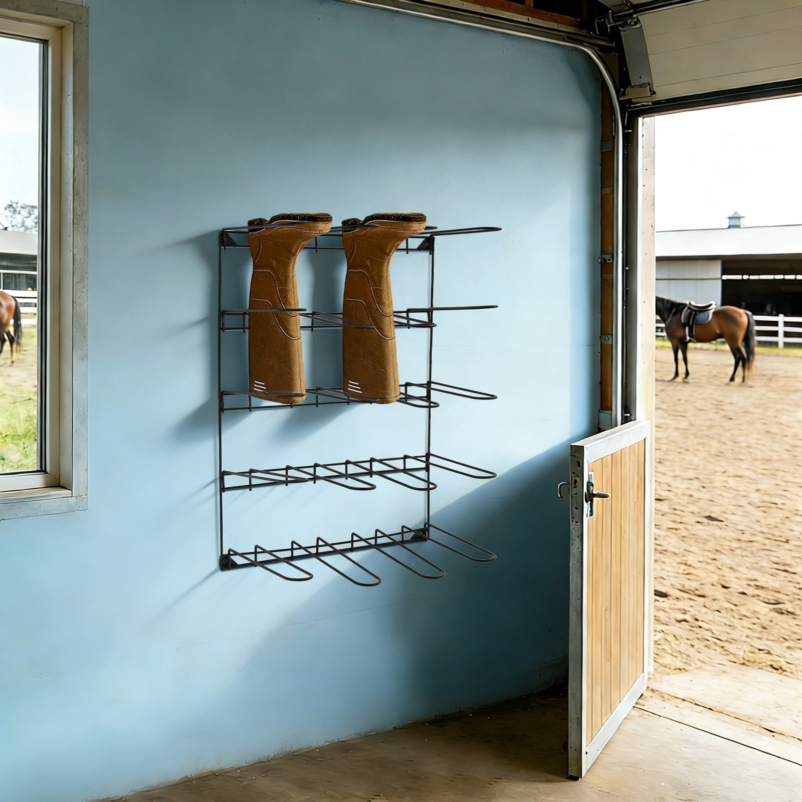 Wall-Mounted Stable Tack & Tool Storage Rack w/ 5-Tier Hook Design(Black)