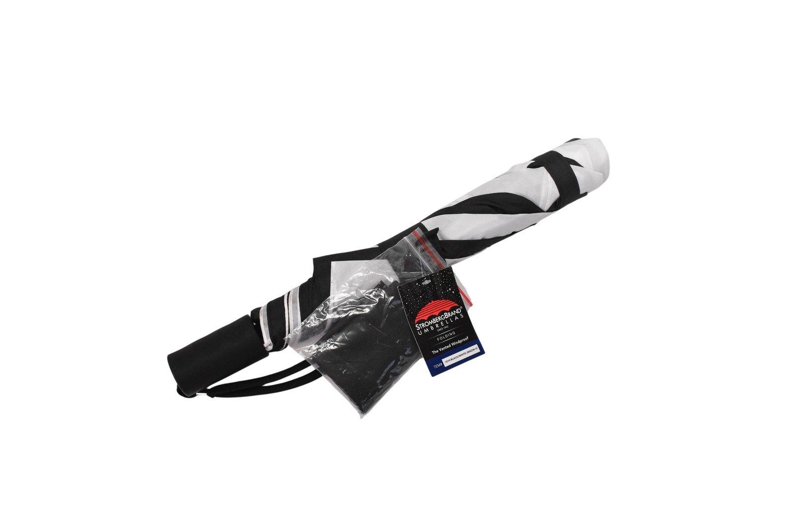 StrombergBrand Folding Umbrella Black White Vented Windproof Travel Compact
