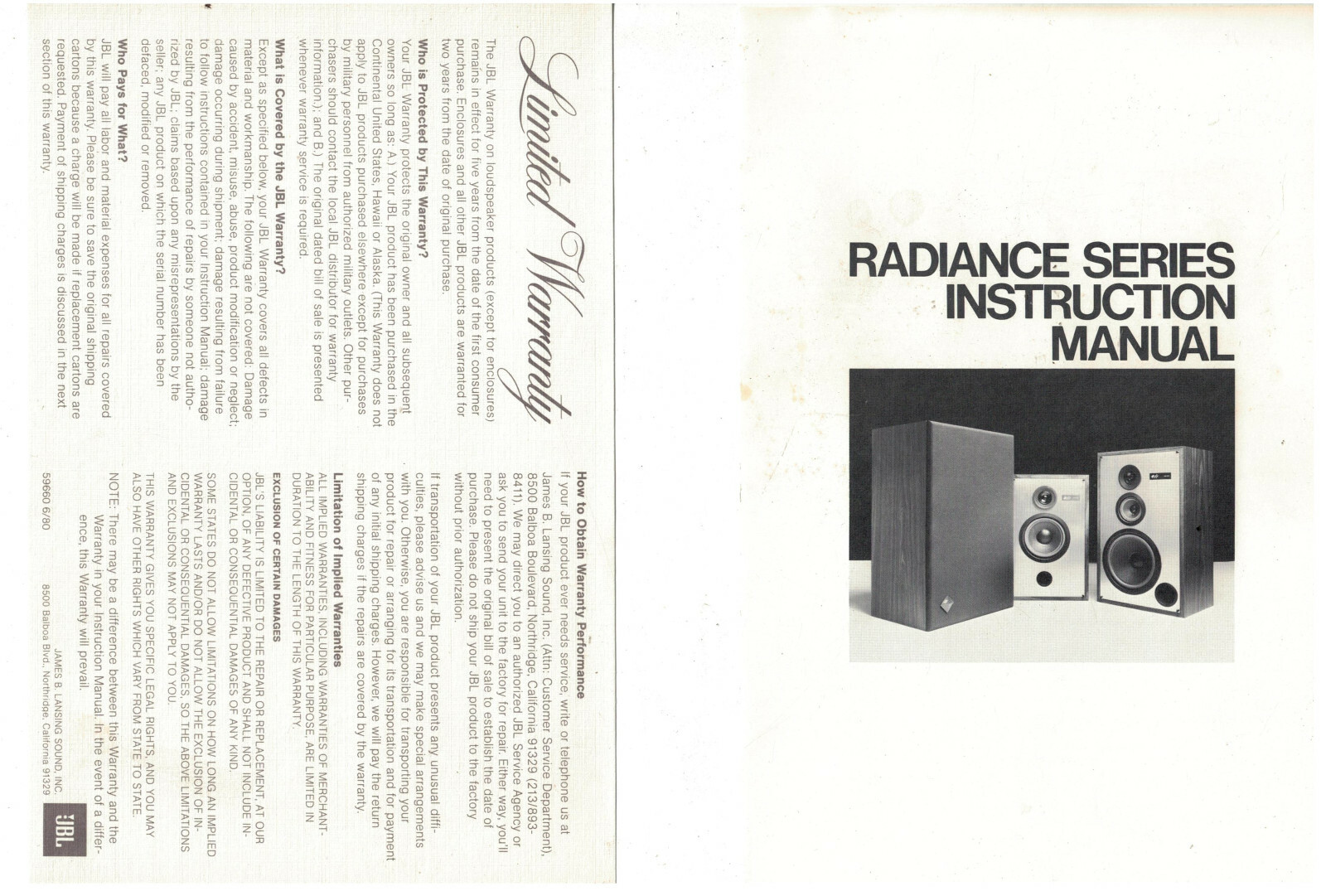 1979 Instruction Manual for JBL Radiance Series Speakers #485
