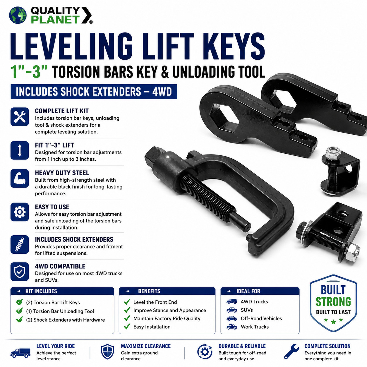 Leveling Lift Keys 1"-3" Torsion Bars Key & Unloading Tool w/Shock Extenders 4WD