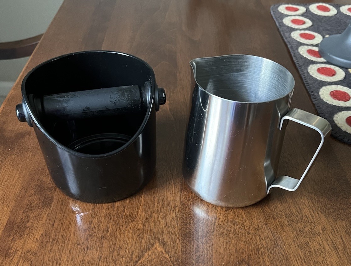 Grindenstein Knock Box & Stainless Steel Milk Frother Pitcher- Coffee, Espresso