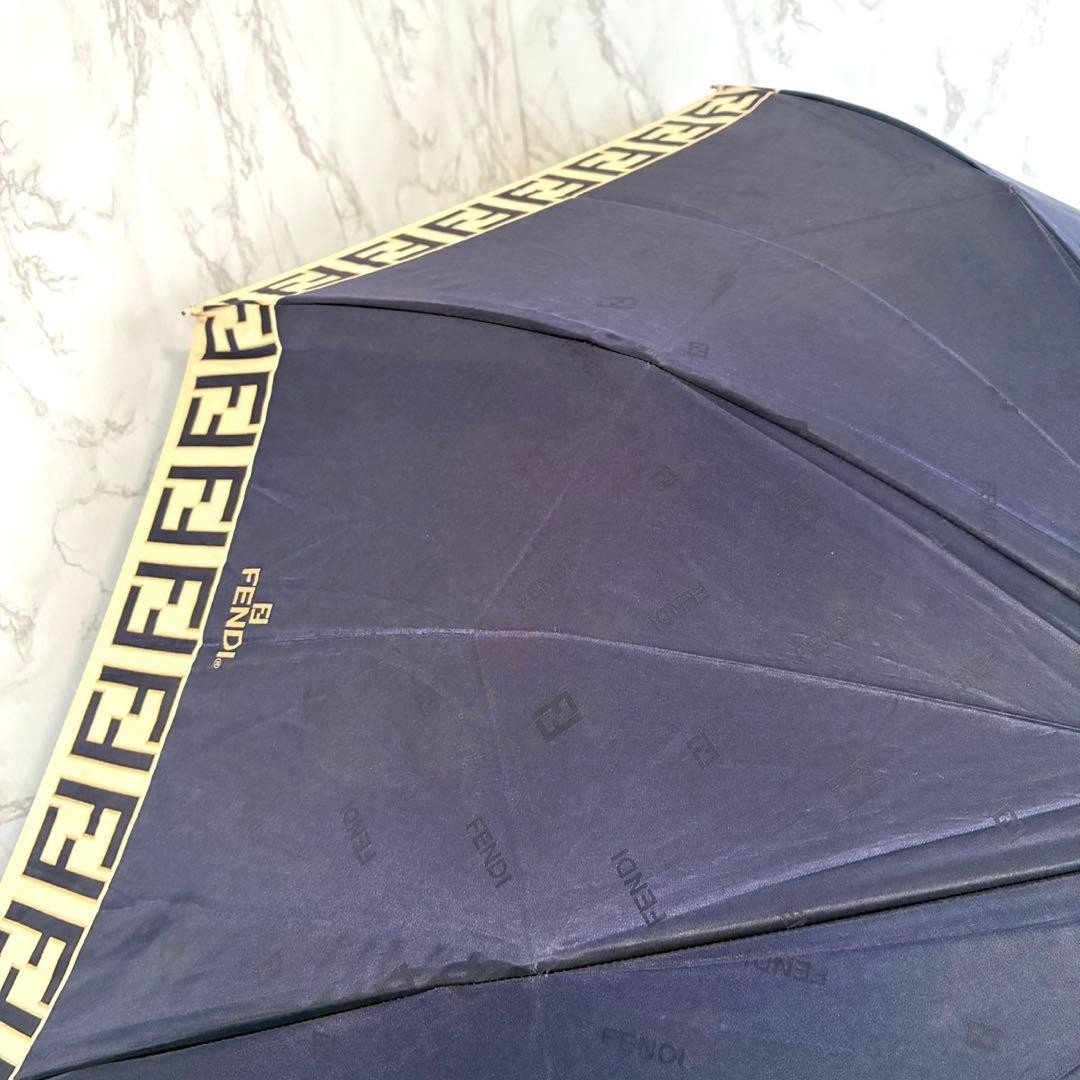 FENDI Zucca Pattern Folding Umbrella Navy Blue Compact Portable Polyester