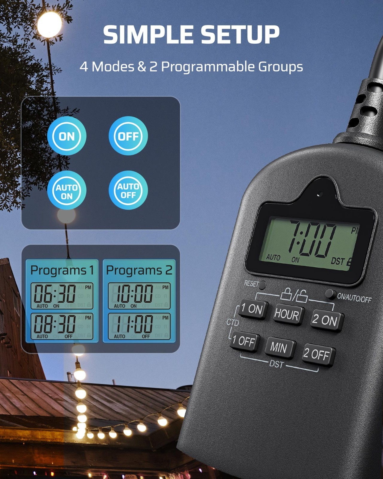 DEWENWILS Outdoor Timer Outlet Waterproof Programmable 2 Outlet 15A Heavy Duty