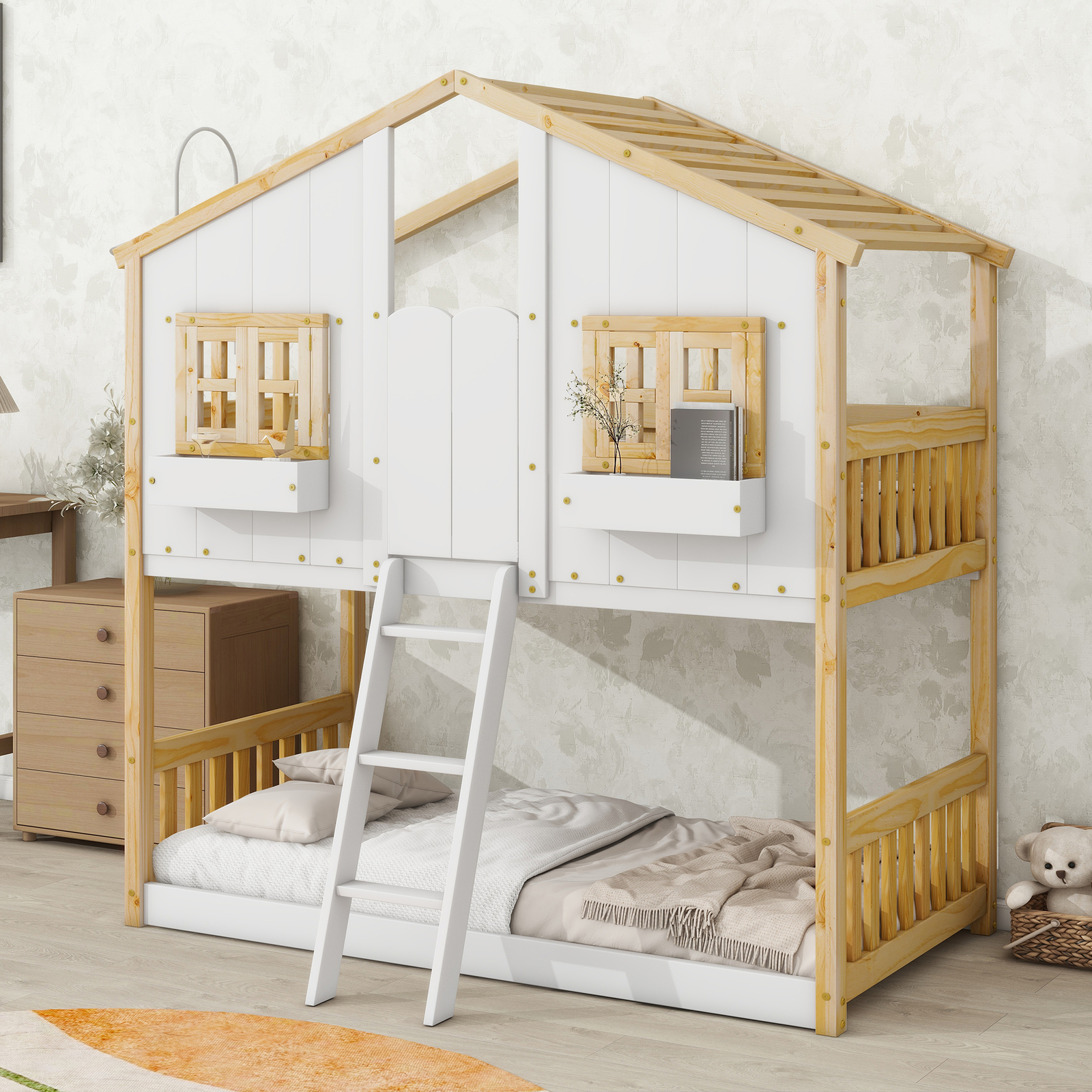 Twin over Twin House Bunk Bed Frame With Roof /Window/Door/Ladder Natural White