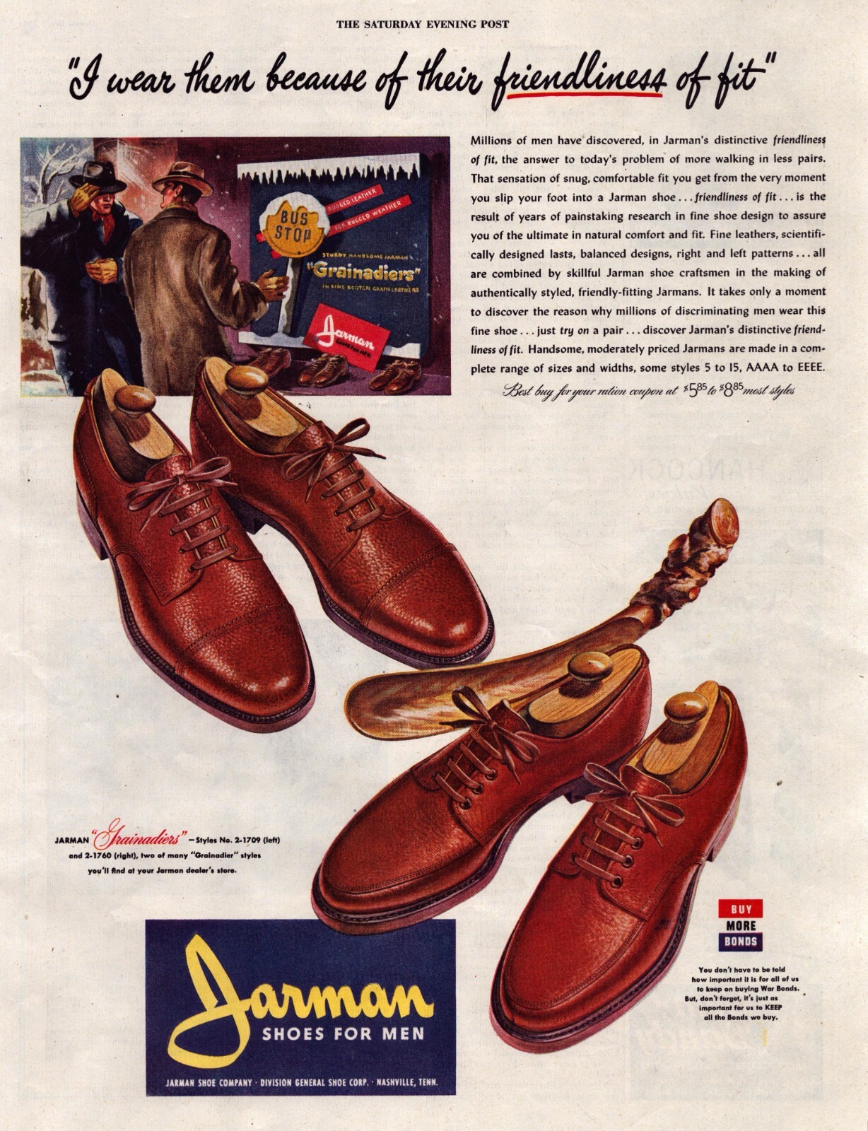 1944 Jarman Shoes Print Ad WWII Grainadiers Winter Bus Stop Friendliness Of Fit