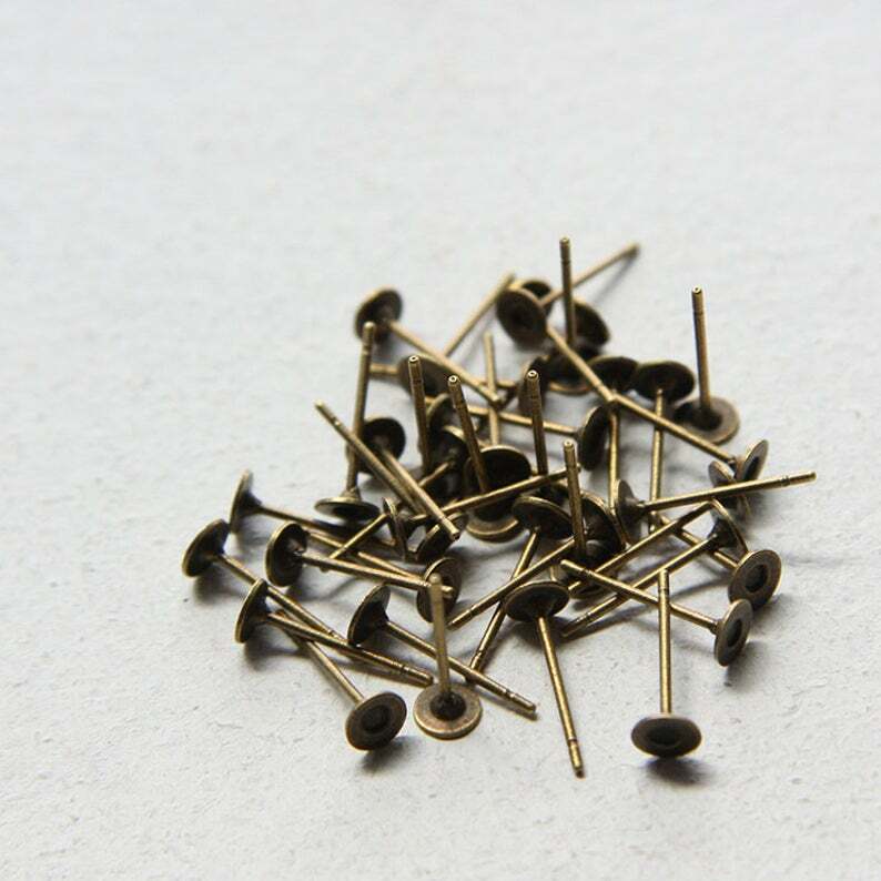 40 Pieces (20 Pairs) Antique Brass Earring Posts or stud -4mm pad (411C)