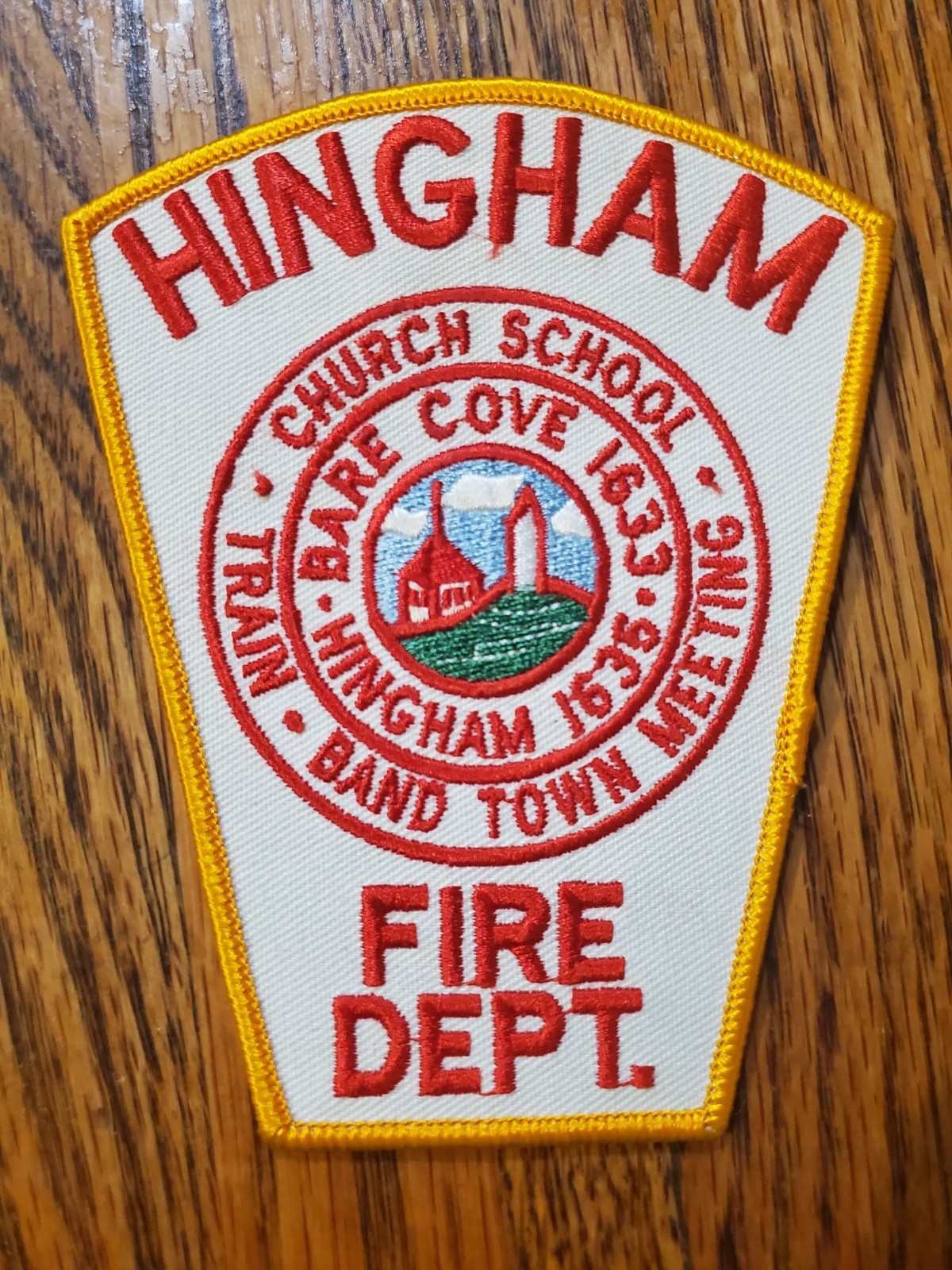 Vintage shoulder patch for the Hingham Fire Department in Massachusetts.