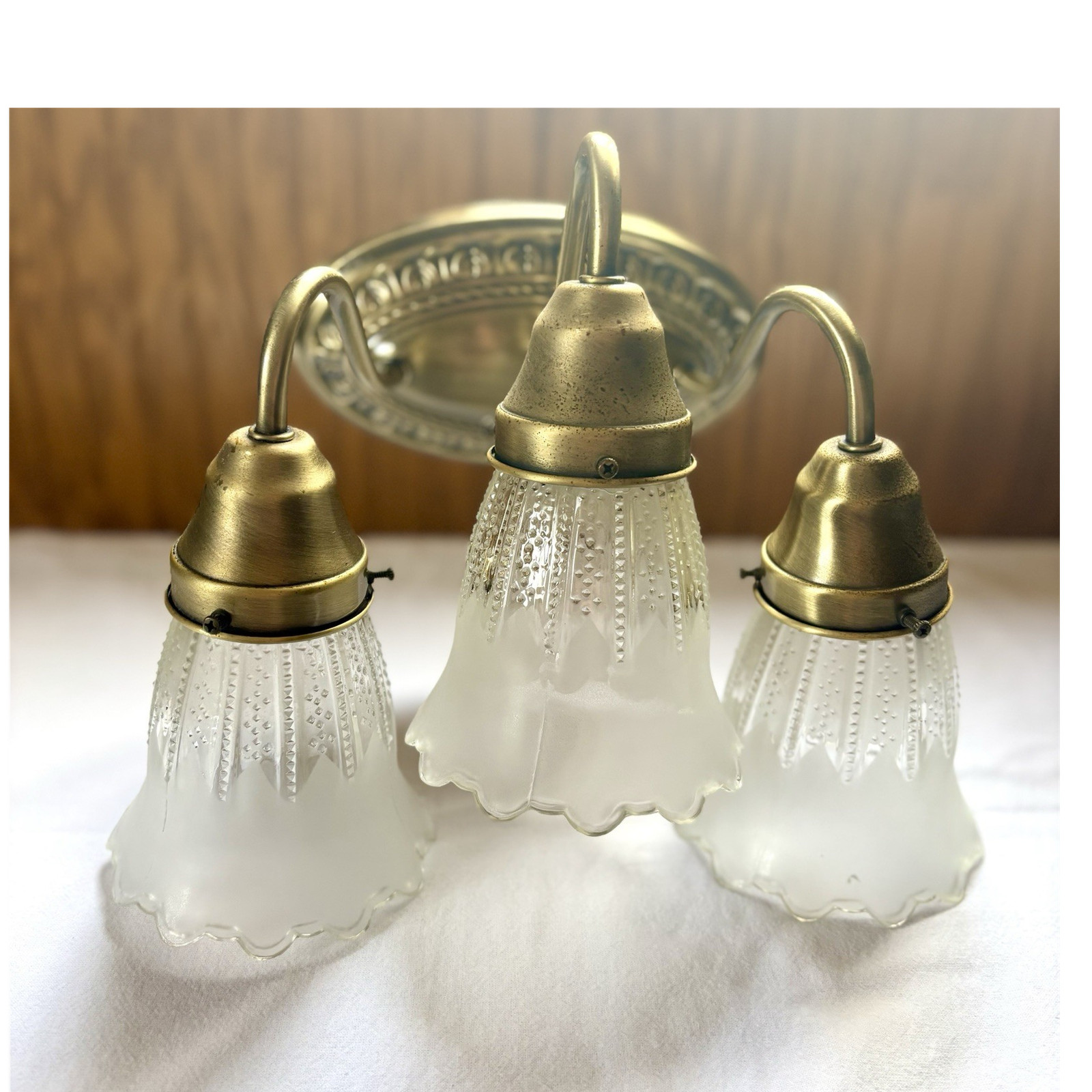 Vintage 3 Light Bathroom VanityFixture Brass Tone Flower Glass Shades Wall Mount