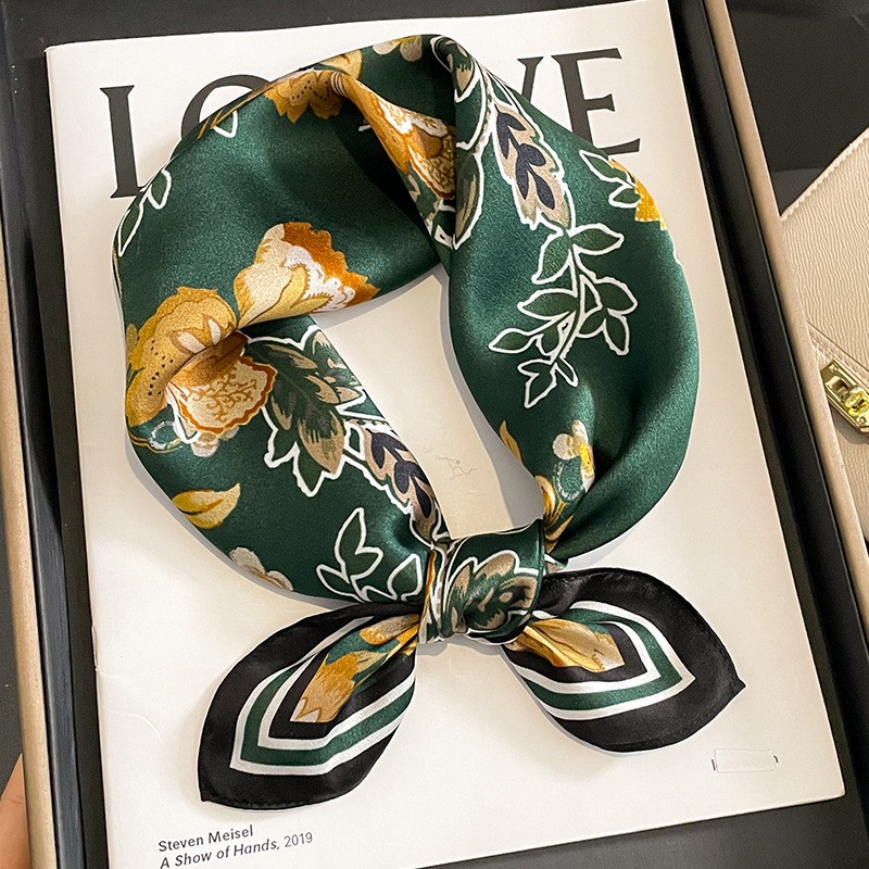 100% Silk Scarf Women Vintage Dark Green Flowers Print Neckerchief Bandana 53cm
