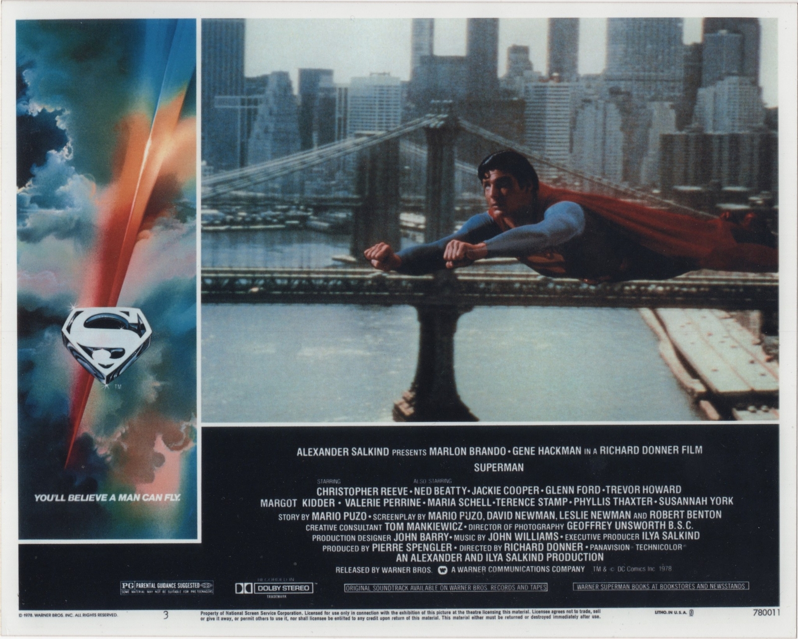Superman 1978 Movie 8 x 10 Mini Lobby Card #3 Christopher Reeve Flying EXCELLENT