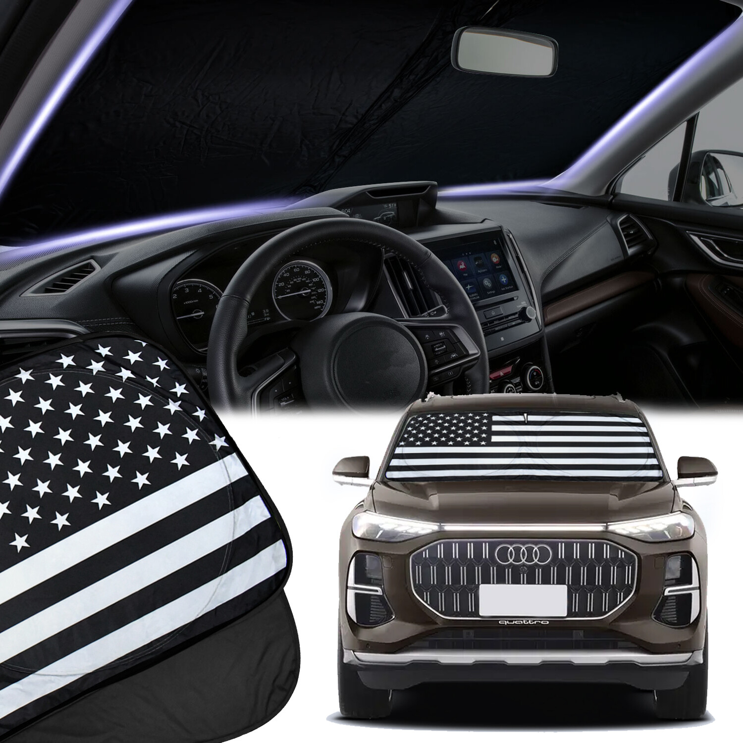 For Audi Q7 Q8 Q5 2024 Large US Flag Car Windshield Sun Shade Shield Cover Visor