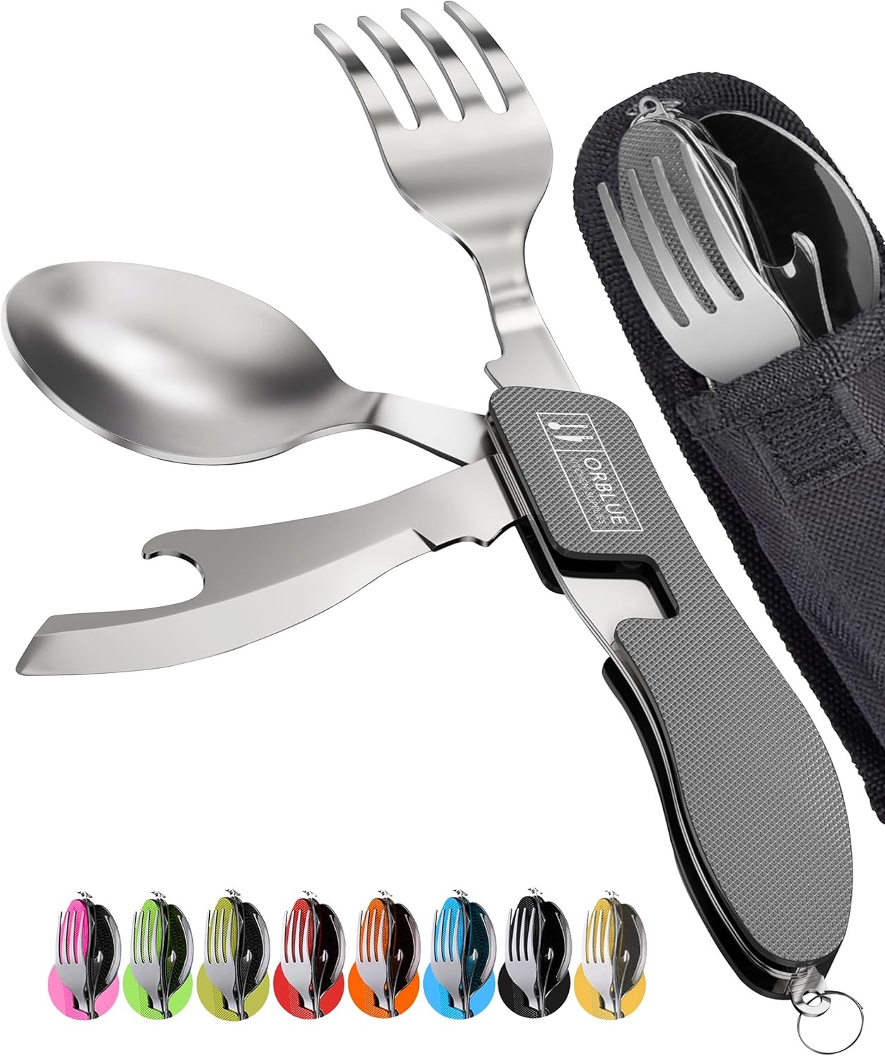 Orblue 4-in-1 Camping Utensils 2-Pack Stainless Steel Spoon Fork Knife Gray