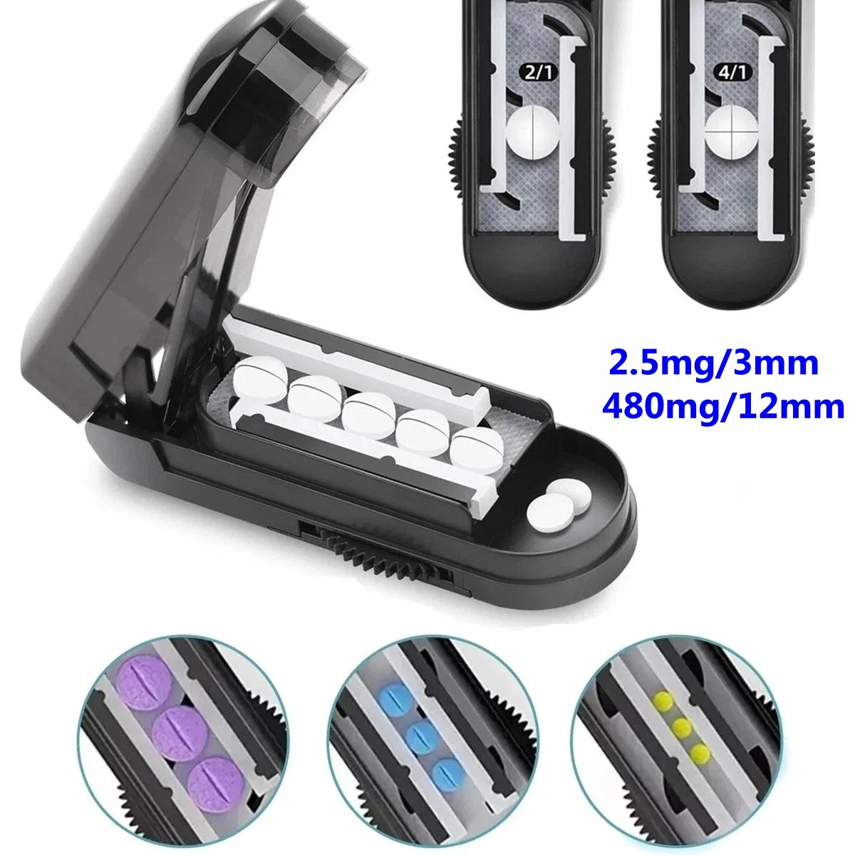 Pill Tablet Cutter Splitter Blade Box Case For Small / Large Pills Fast Easy Cut