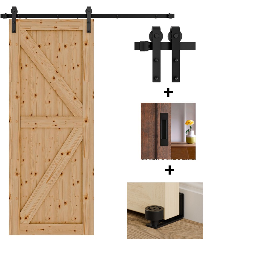 CCJH 6.6FT Sliding barn door hardware kit & Handle, Adjustable floor guide
