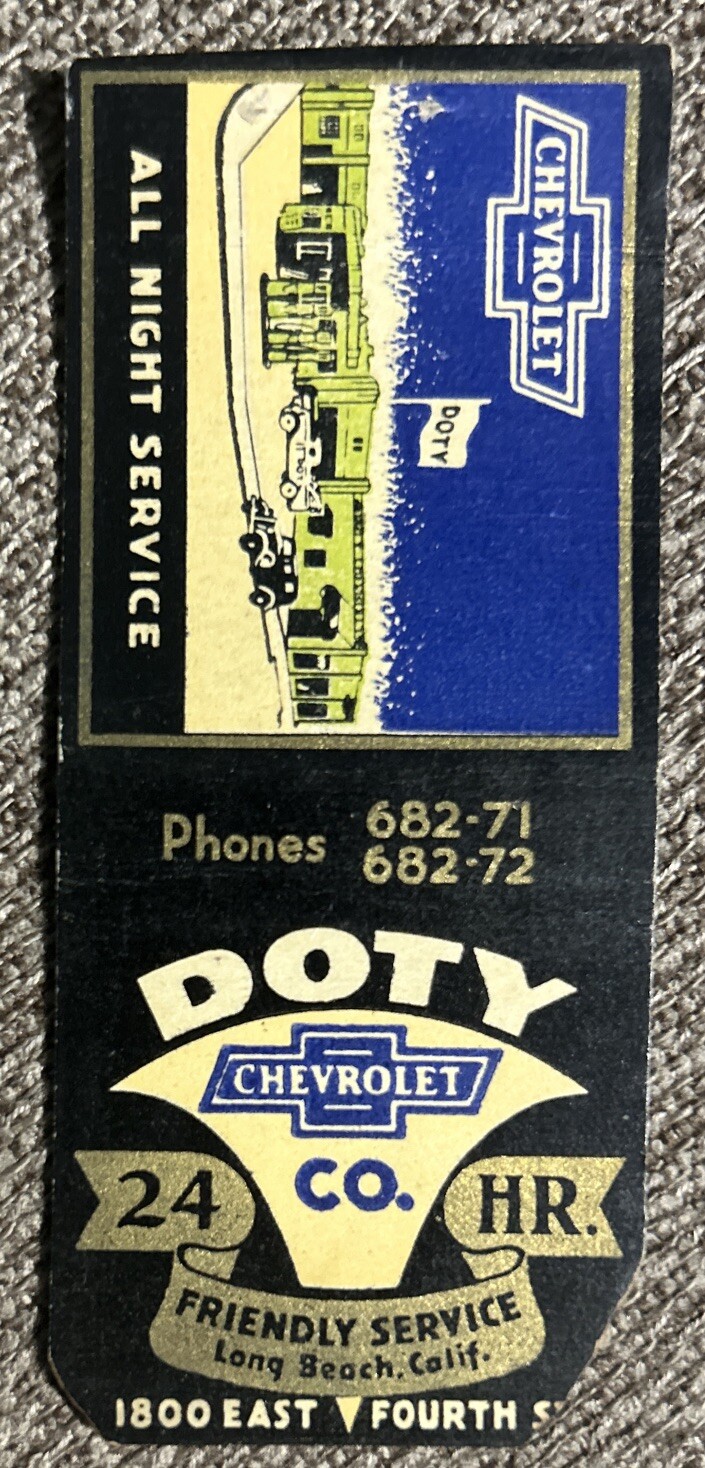 Vintage DOTY CHEVROLET CO. Matchbook Cover, E. Fourth St., Long Beach, CA.