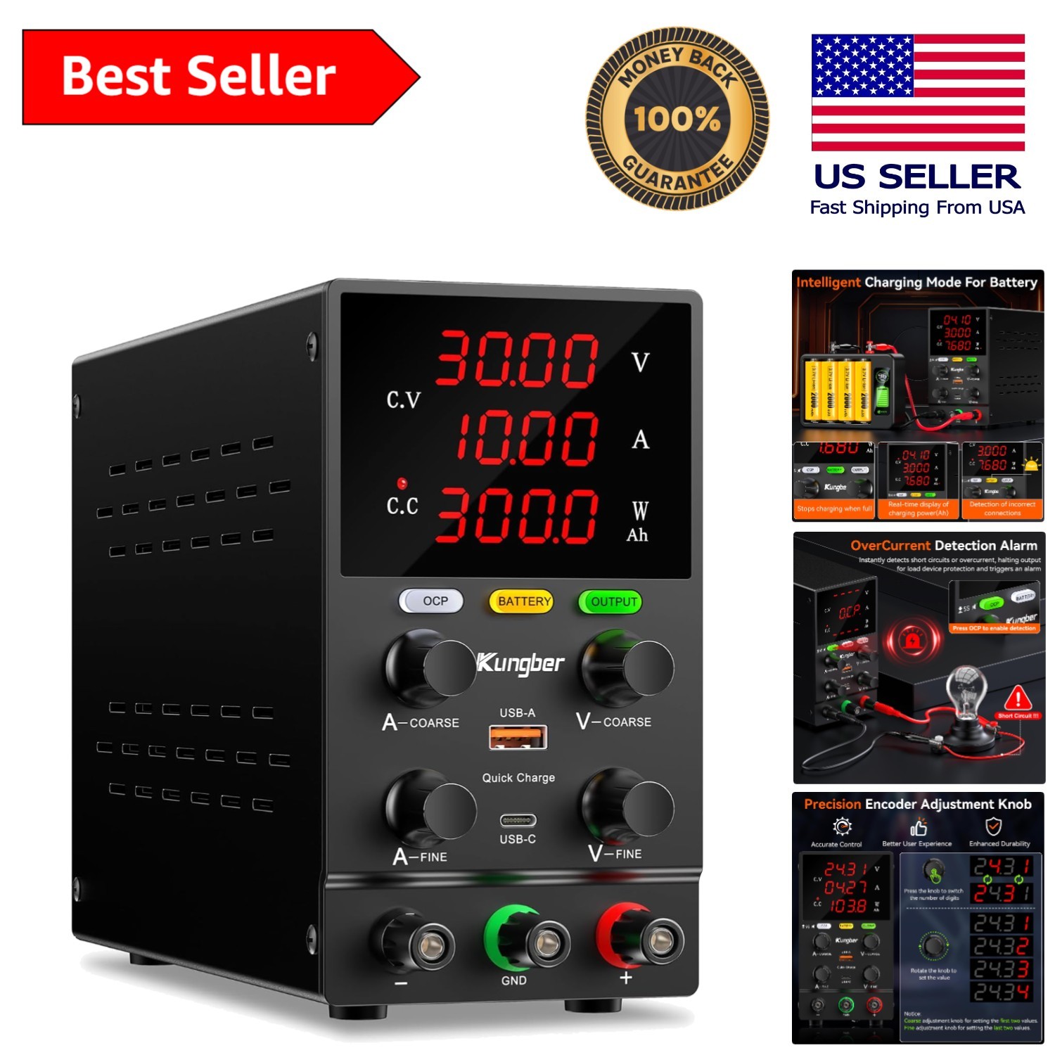 Powerful 30V 10A Adjustable DC Bench Power Supply with Smart Charging Features