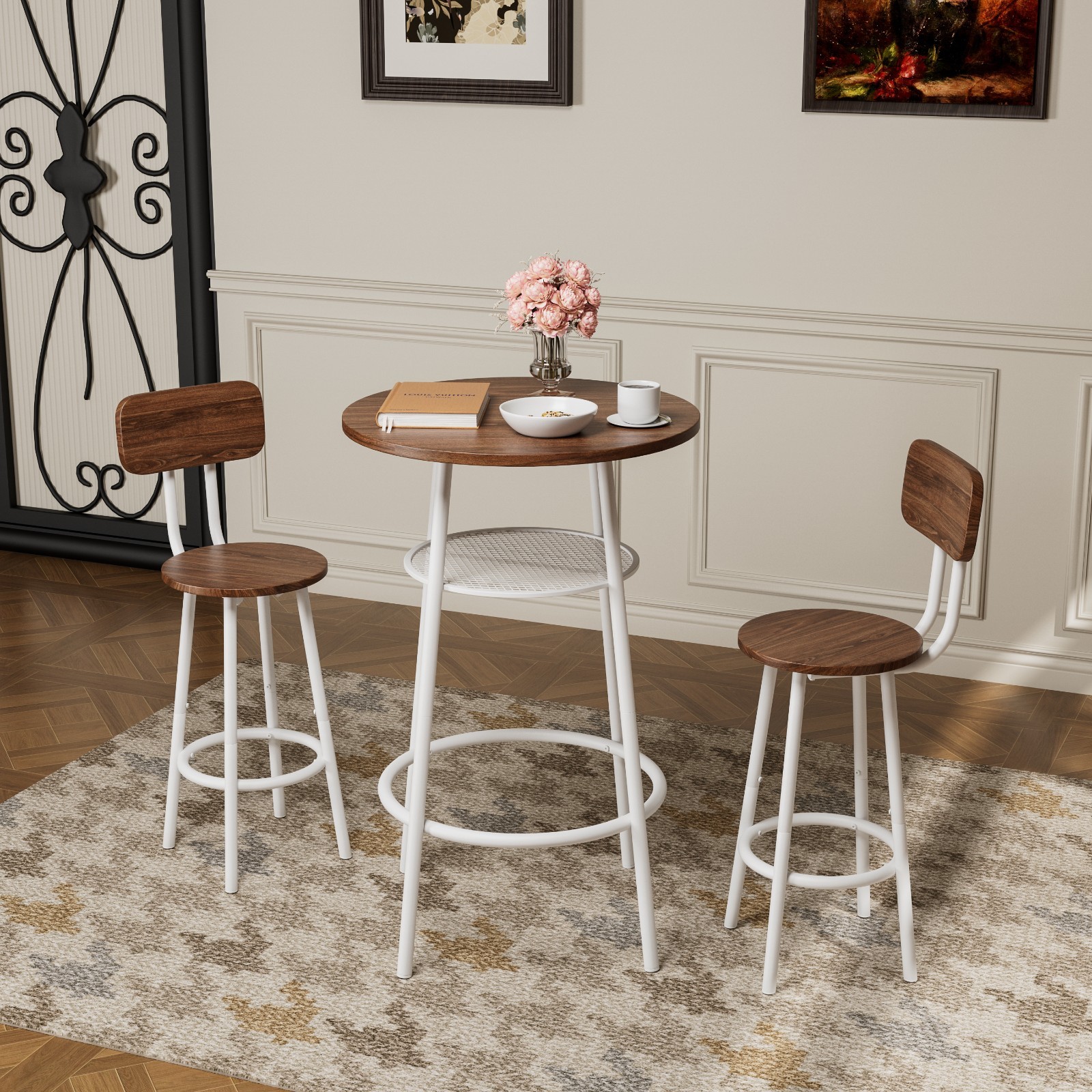 3-Piece Bar Set—Modern Pub Table & 2 Stools with Backrests, Storage Shelf