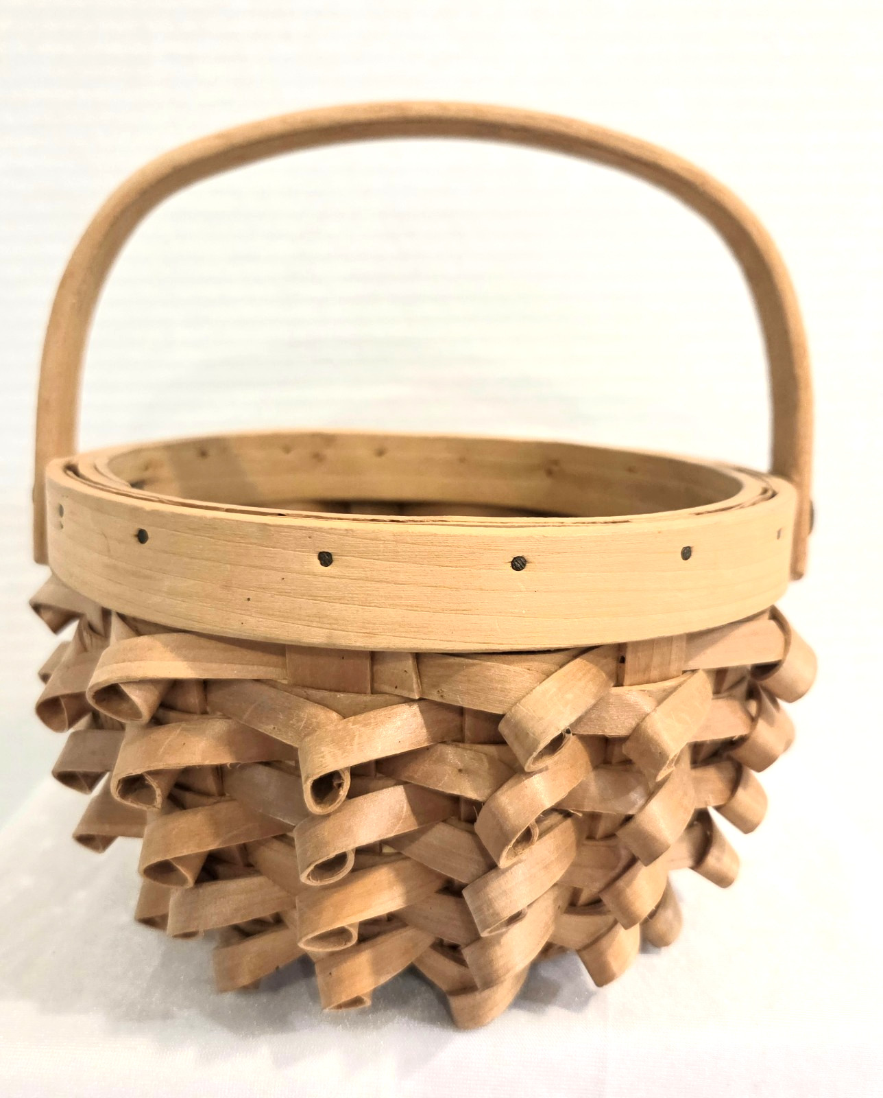 Vintage Handwoven Split Wood Porcupine Curl Basket With Rivetted Wooden Handle