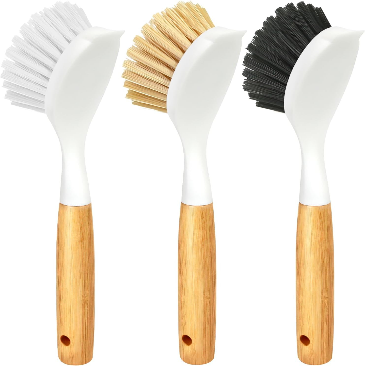 3 Pack Dish Brush Set with Bamboo Handle, Kitchen Scrub Brush for Cleaning Dish,