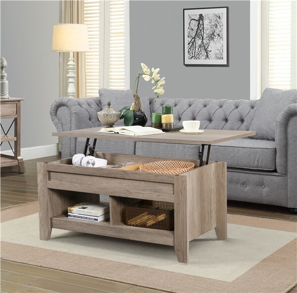 Wooden Lift Top Coffee Table w/Storage & 2 Open Shelves For Living Room Office