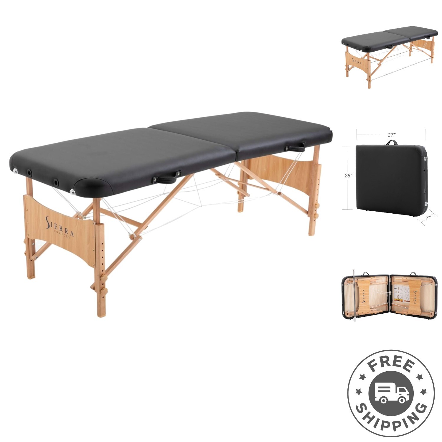 Portable Beech Hardwood Massage Table with Adjustable Height - Black/Beige