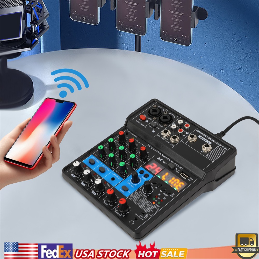 4-Channel Professional Audio Mixer with Bluetooth, USB & DSP Effects