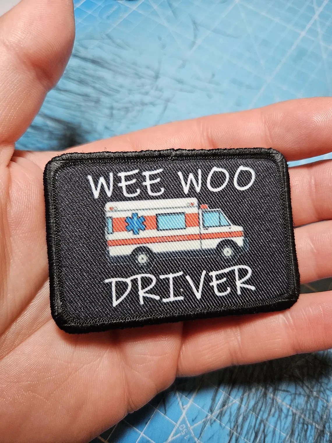 Wee woo driver ambulance EMT funny 2"x3" removable patch hook and loop backing