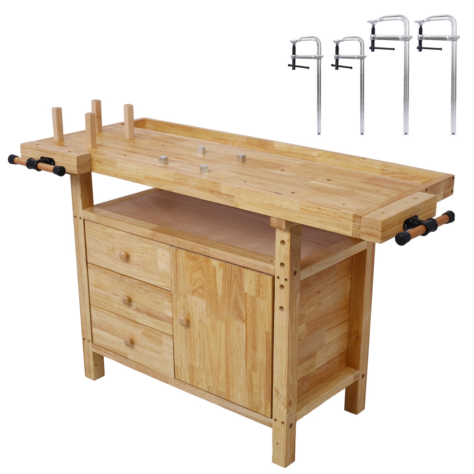 Wooden Workbench with 8 Bar Clamps for Garage & Home