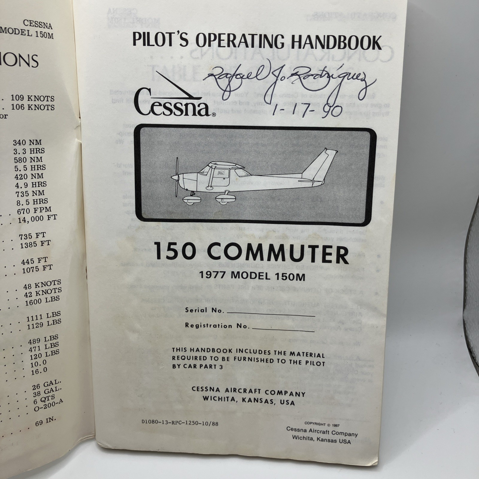1983 Cessna 1977 150 Commuter Model 150M Pilot’s Operating Handbook