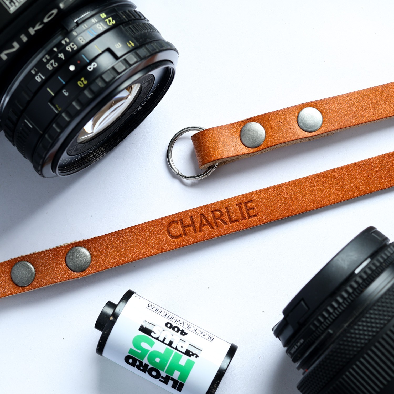 Personalised Leather Camera Strap, Custom Initials Name Stamping - Upgrade