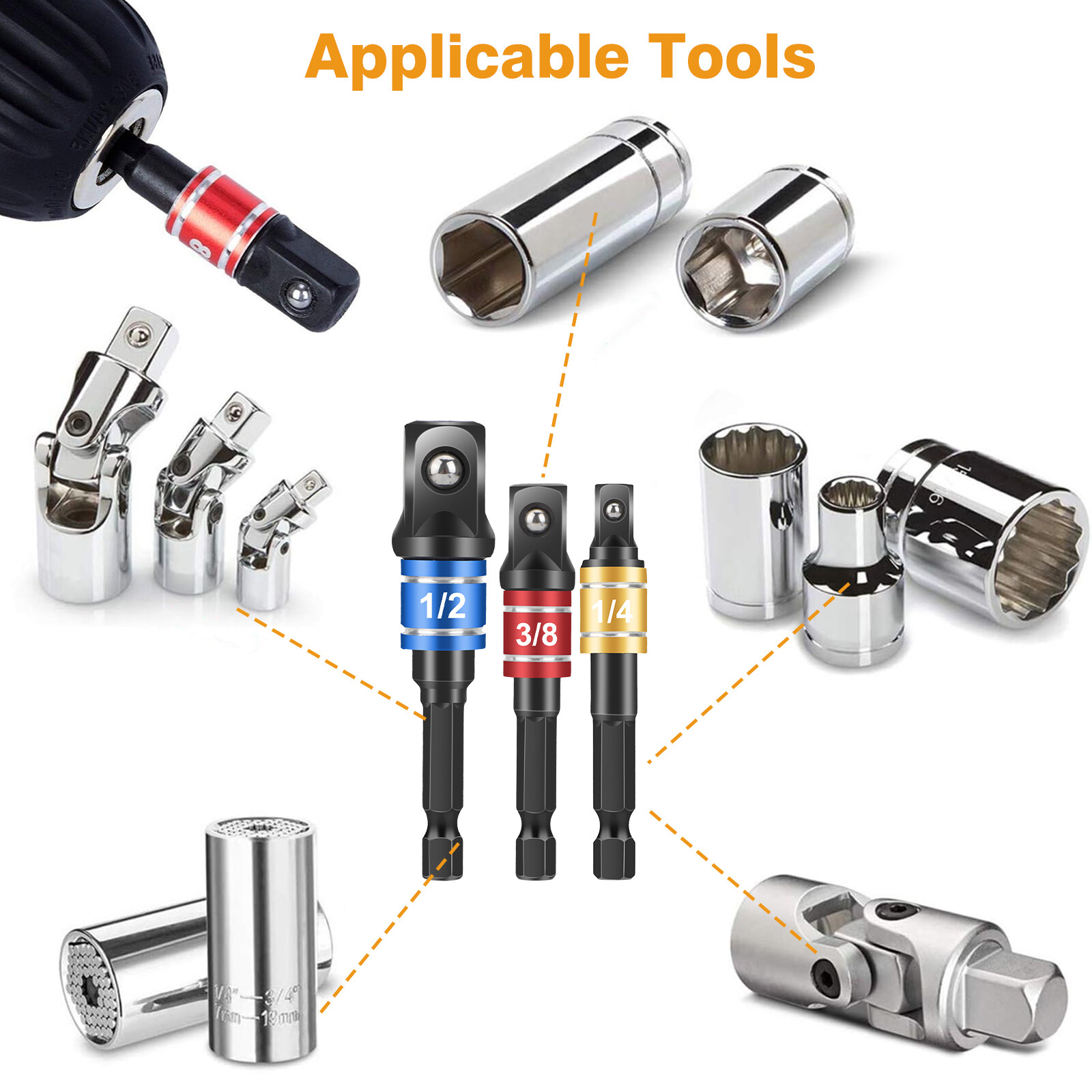 4Pcs 105°Right Angle Drill Attachment Impact Grade Socket Adapter 1/4" 3/8" 1/2"