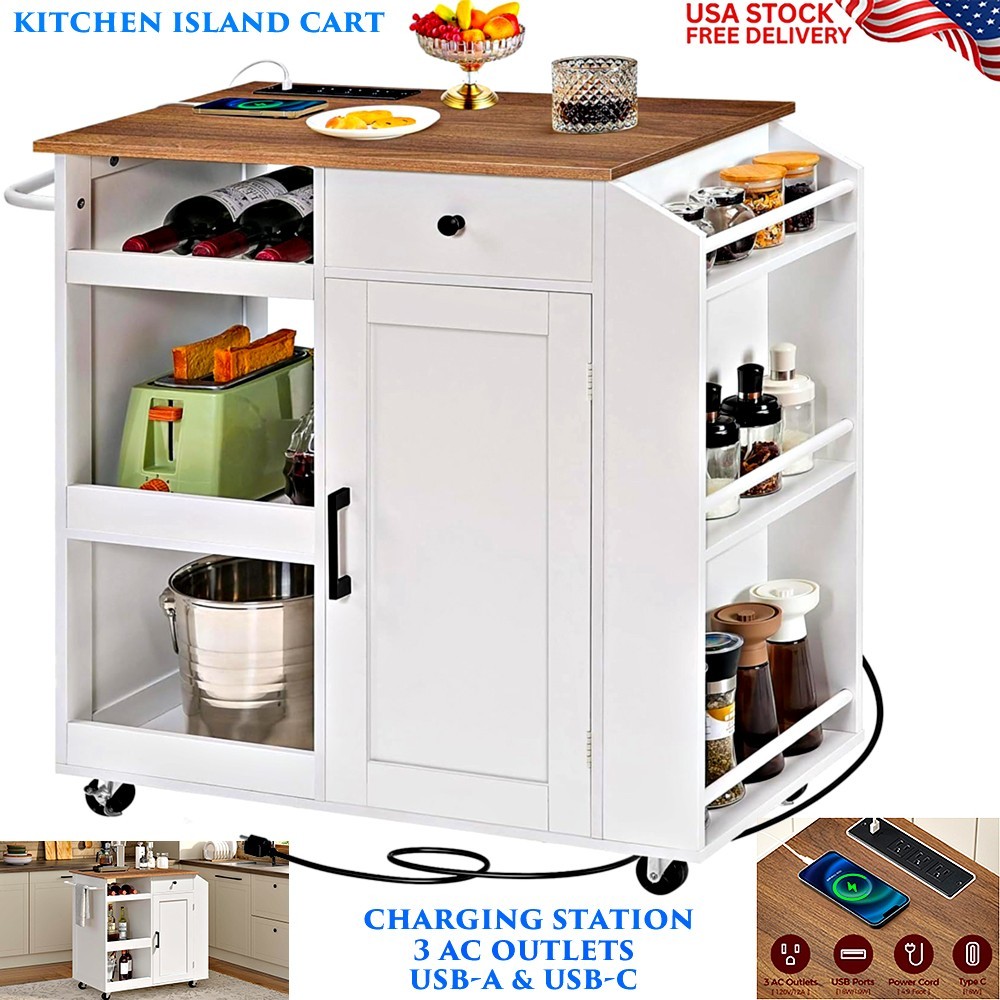MOBILE KITCHEN ISLAND CART CABINET SHELVES TOWEL WINE RACK CHARGING STATION NEW