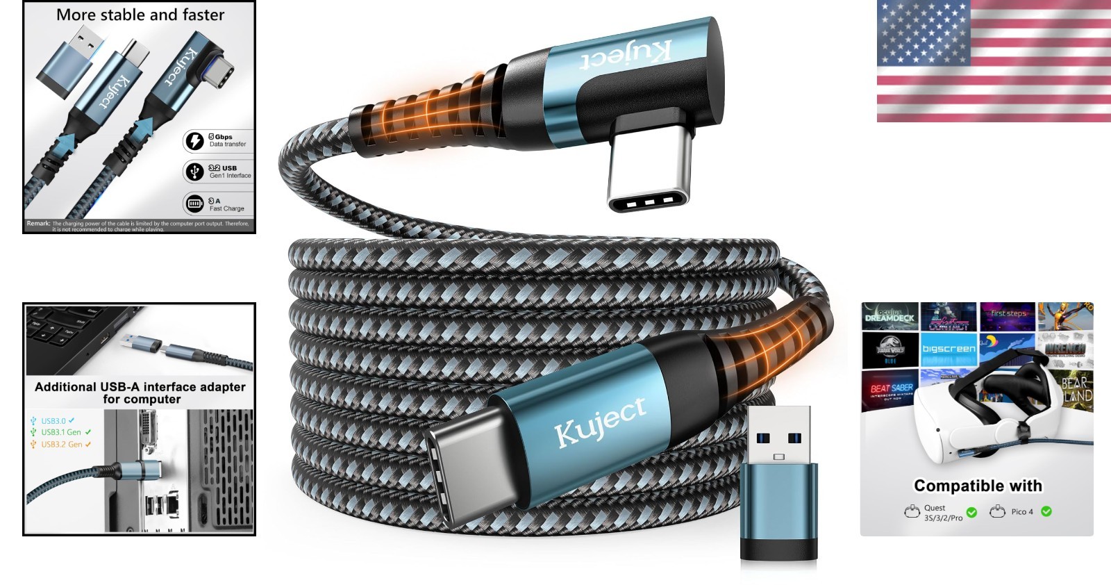16FT Nylon Braided Link Cable for Quest 3/2/Pro & Pico 4 - High Speed USB 3.0