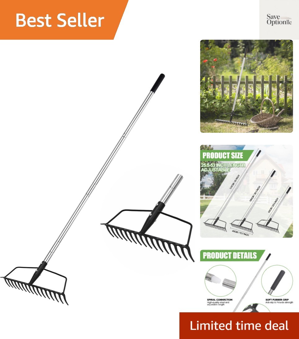 Garden Rake, Heavy Duty 16-Tine Bow Rake with Adjustable Stainless Steel Hand...
