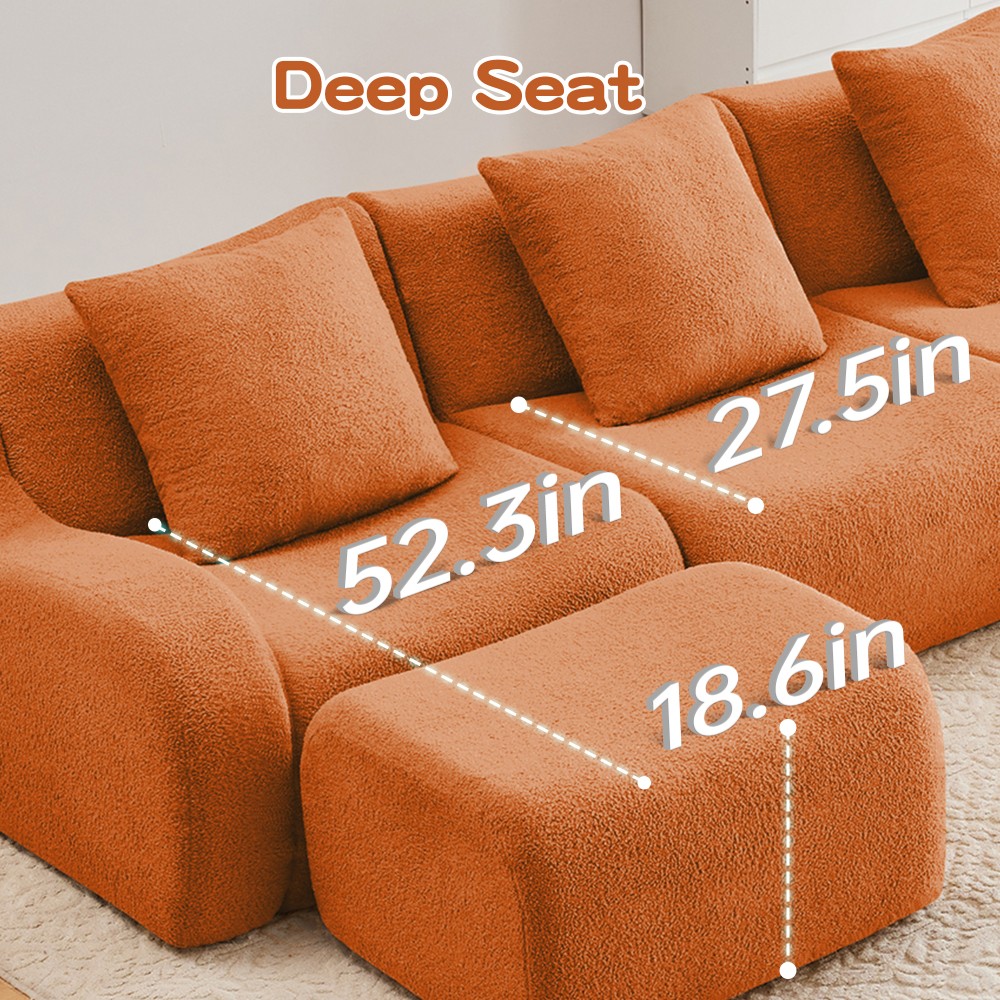 3-Seat Sofa w/ Teddy Fabric, Anti-Slip Base & Curved Armrests - Orange