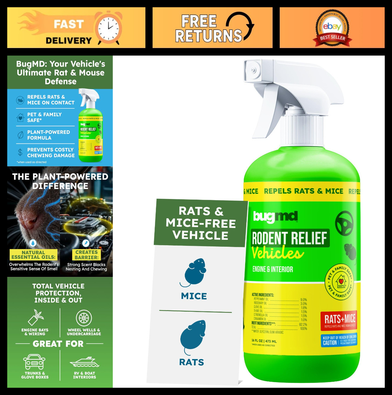 Natural Rodent Repellent Spray | Peppermint Oil for Cars, RVs & Trucks - Repels